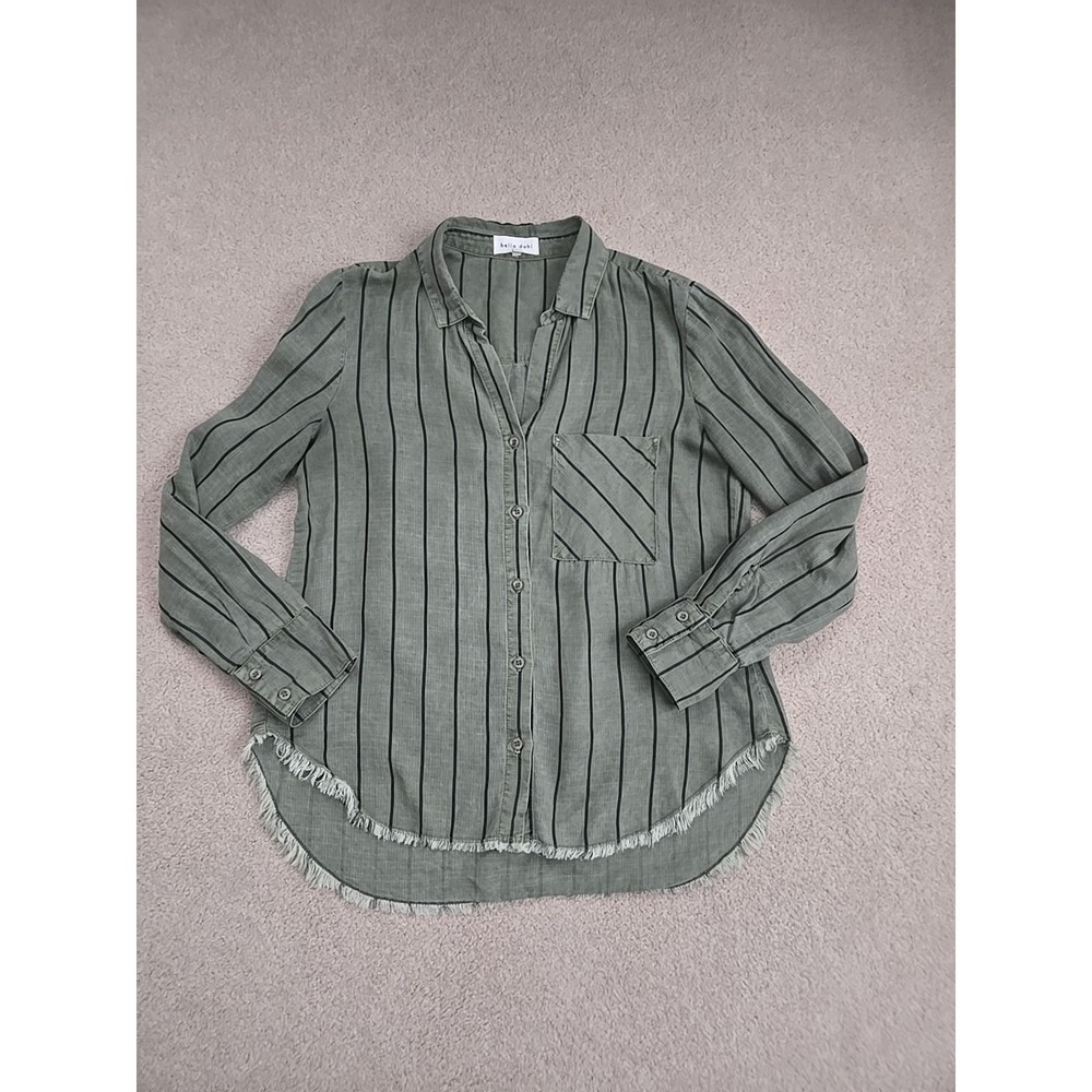 Bella Dahl Tencel Linen Blend Frayed Hem Button Down Stripe Blouse M Green Black